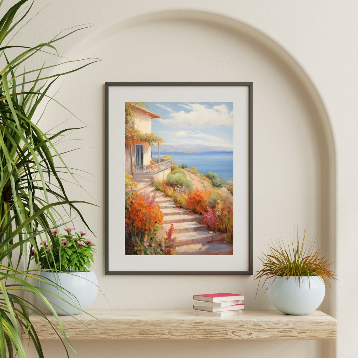 Italian Coastal Villa Stairway Garden Sea View Vintage Painting Poster - Image 2