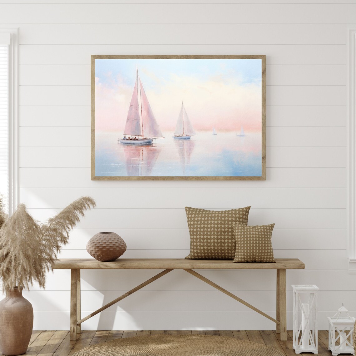 Sailboat Wall Art Minimal Vintage Nautical Painting Retro Ocean Seascape Decor Large Coastal Artwork P 564 - Image 3