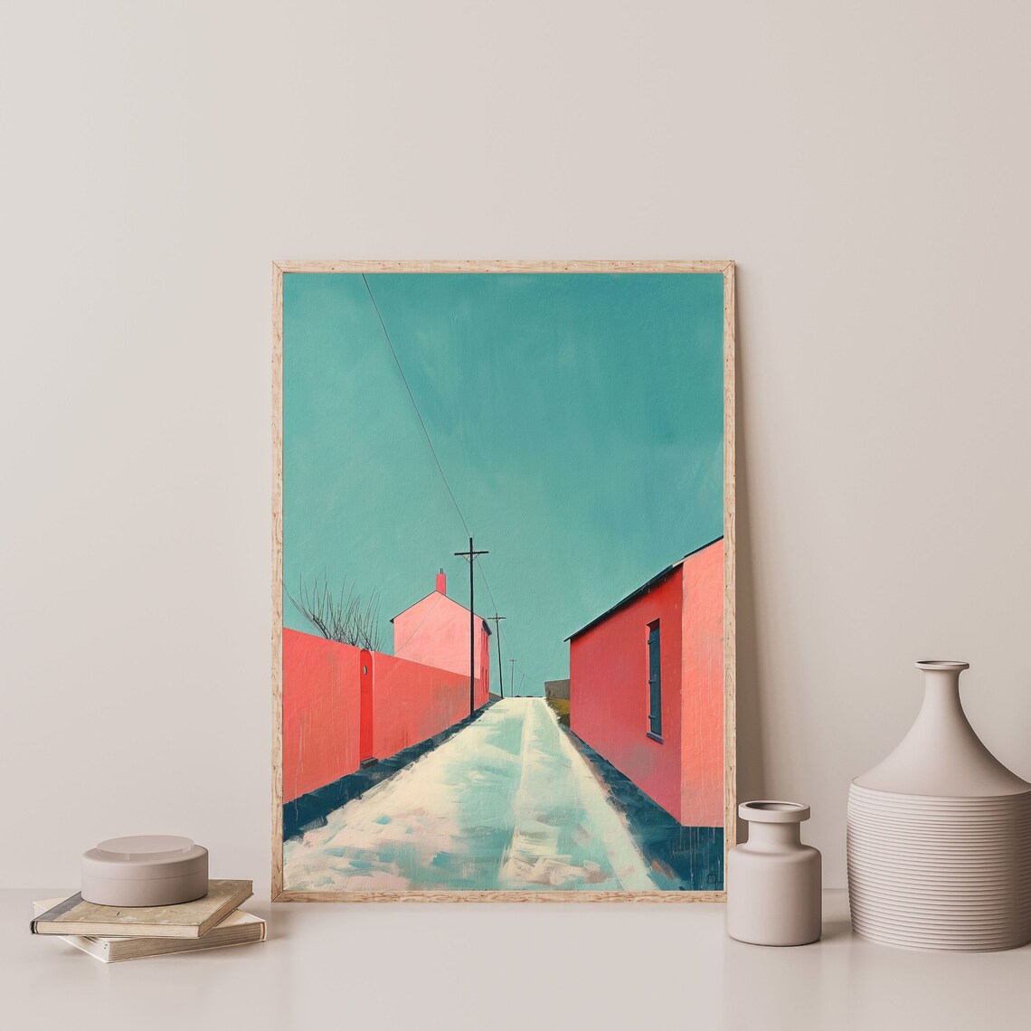 Coral Red Alleyway Turquoise Sky Mid Century Abstract Art Poster - Image 3