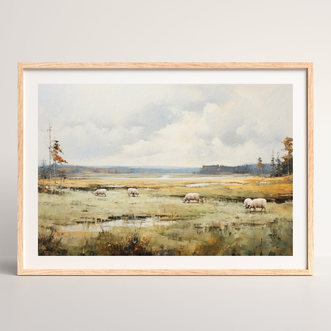 Sheep Grazing in a Misty Green Meadow Vintage Pastoral Wall Art - Image 2
