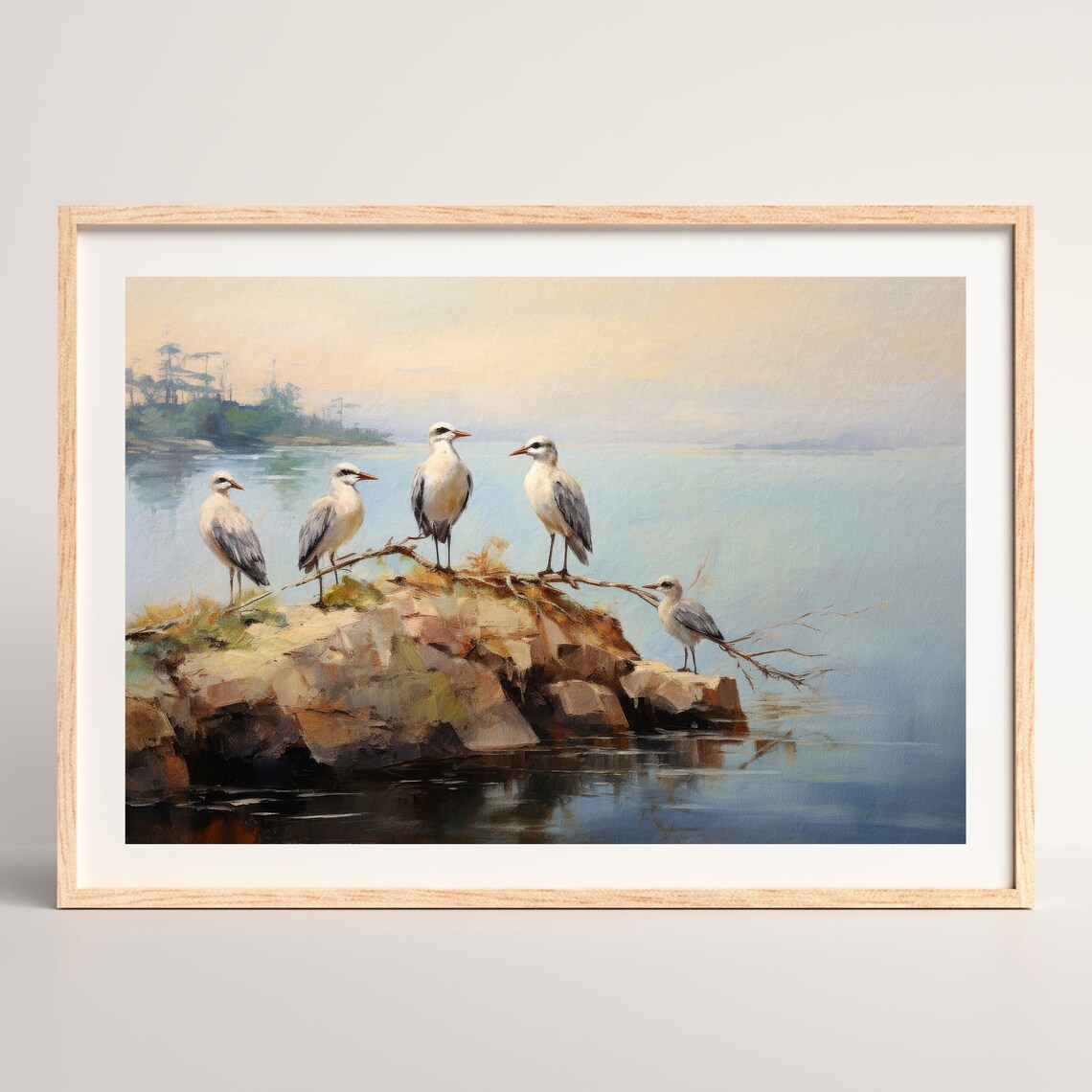 Seabirds Rocky Perch Calm Water Vintage Coastal Bird Painting Poster - Image 3