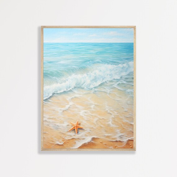 Beach Starfish Painting Retro Coastal Wall Art Minimal Tropical Beachy Decor Vintage Pastel Ocean Print P 620