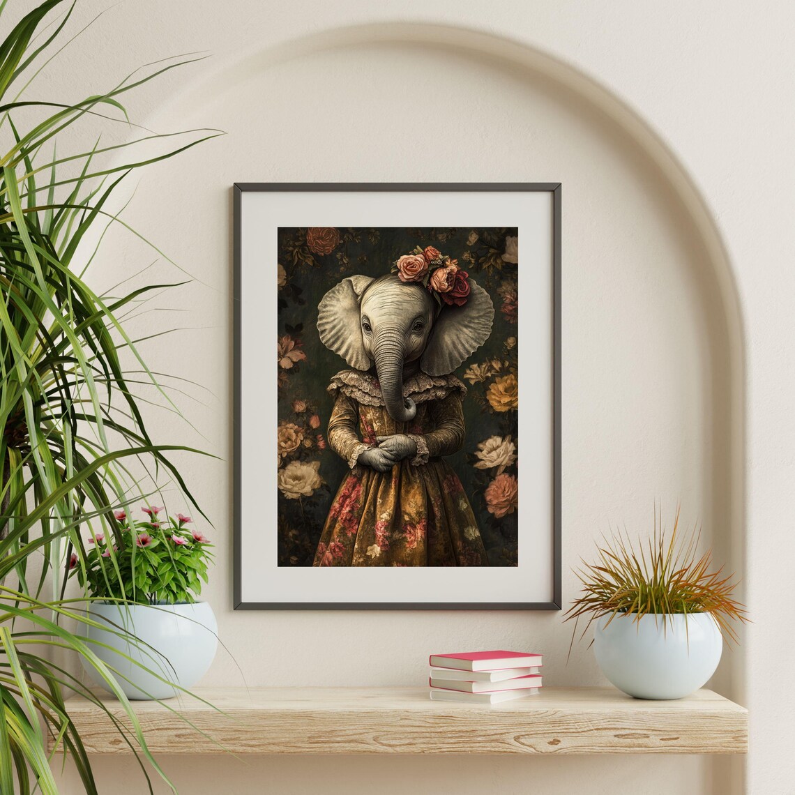 Baby Elephant Victorian Floral Crown Moody Antique Animal Poster - Image 2