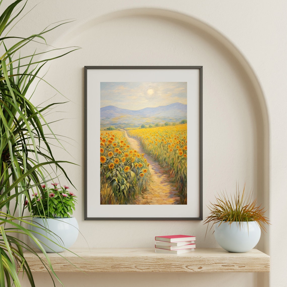 Sunflower Field Path with Mountain View Vintage Landscape Poster - Image 2