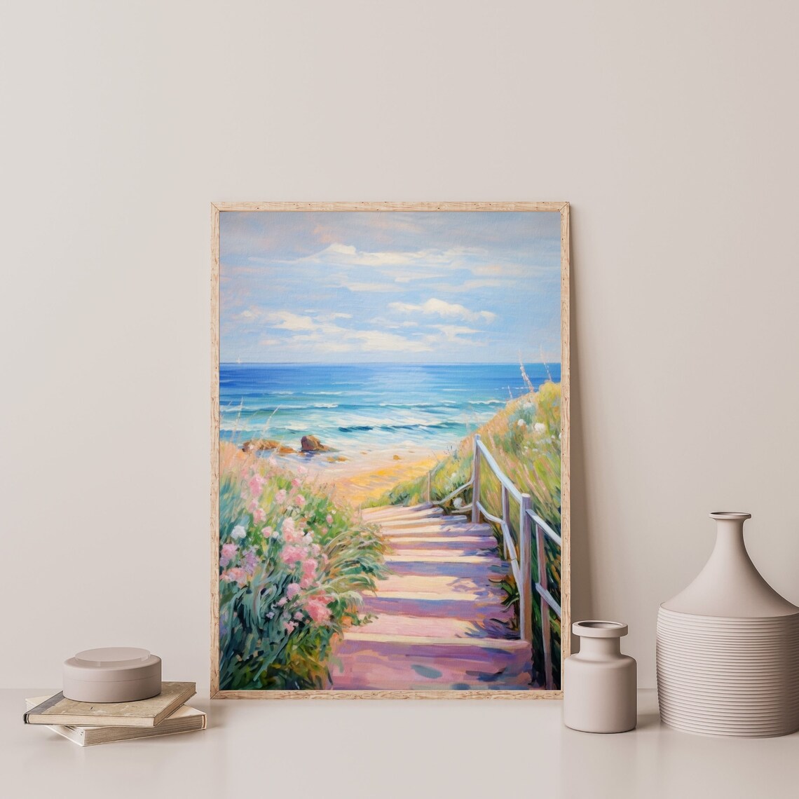 Pink Seascape Retro Beach Landscape Art Print - Image 3