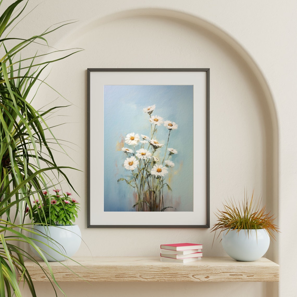 White Daisy Cluster Pastel Blue Impressionist Floral Art Poster - Image 2