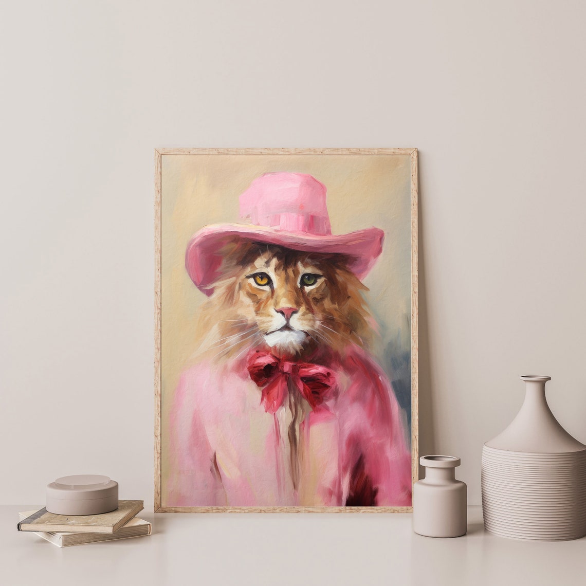 Lion In Pink Cowboy Hat And Bow Tie Funny Animal Portrait Poster - Image 3