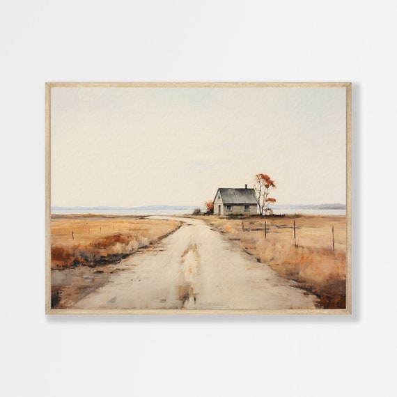 Minimal Countryside Print Vintage Landscape Oil Painting Neutral Tone Farmhouse Wall Decor P 748