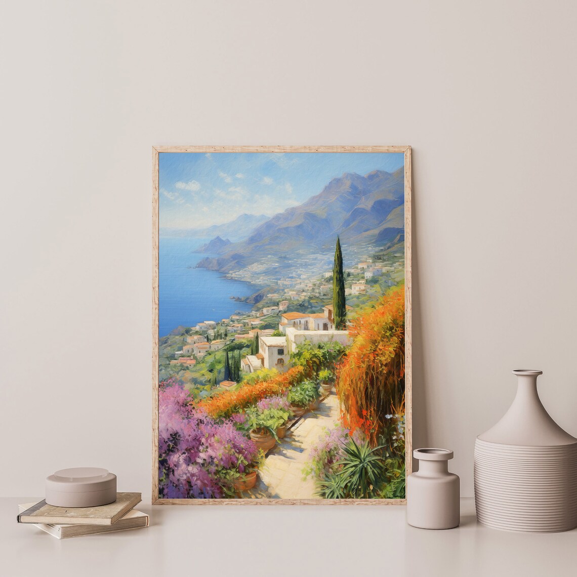 Italian Coast Hillside Village Cypress Bougainvillea Sea View Poster - Image 3