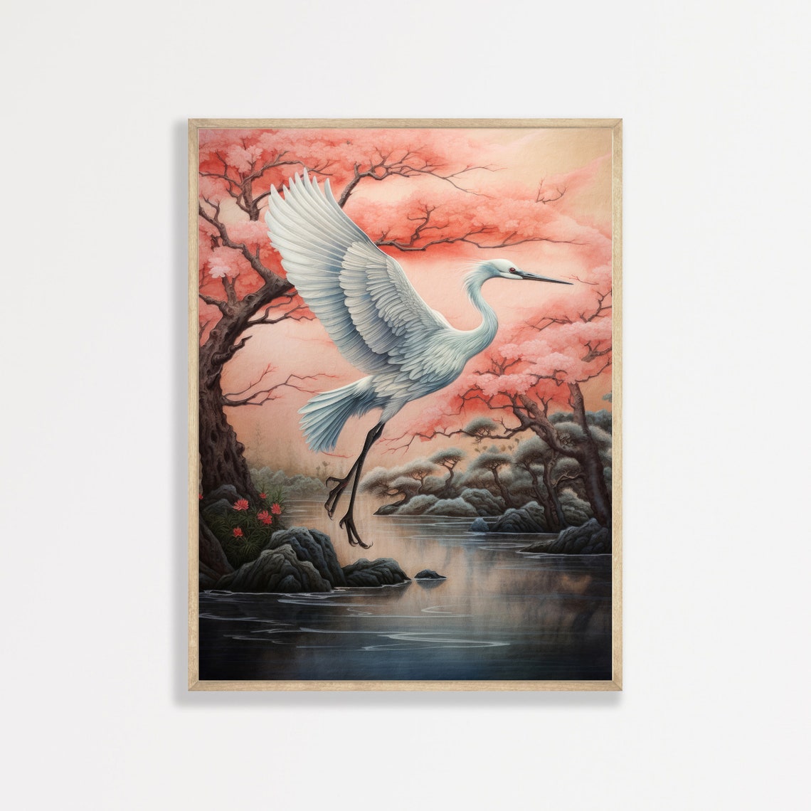 Japanese Crane Flying Over Water Cherry Blossom Vintage Art Poster