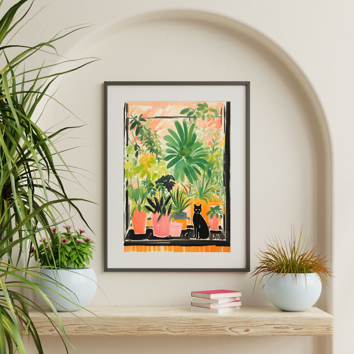 Black Cat Window Plants Colorful Botanical Kitchen Eclectic Wall Art Print - Image 2
