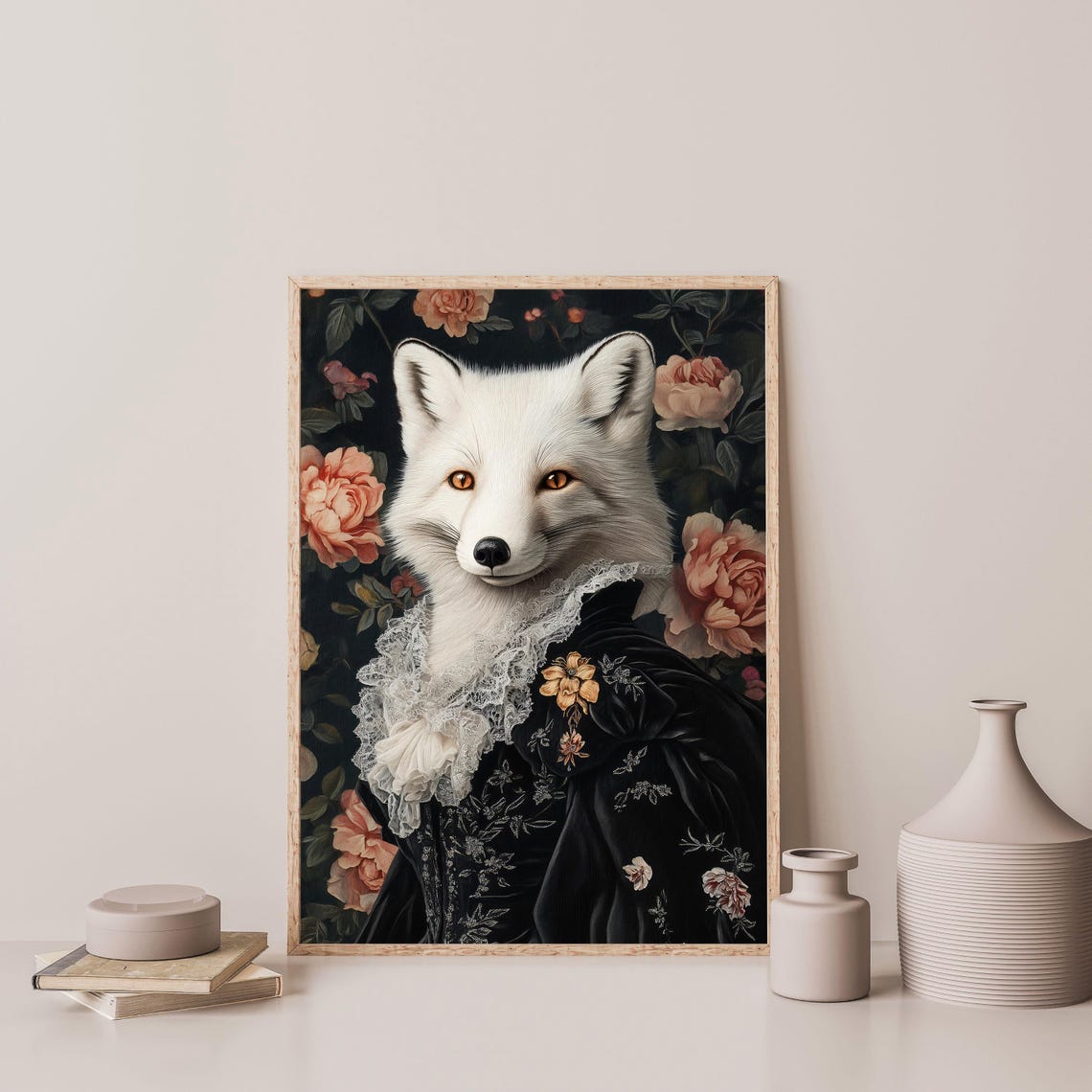 White Arctic Fox Victorian Black Dress Lace Collar Floral Art Poster - Image 3