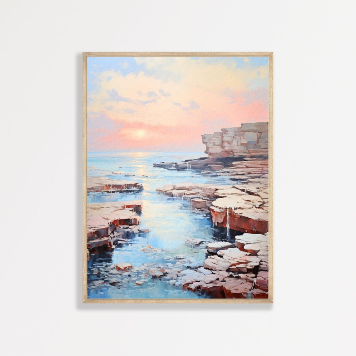 Pink Rocky Shore Sunset Ocean Rocks Pastel Coastal Landscape Poster