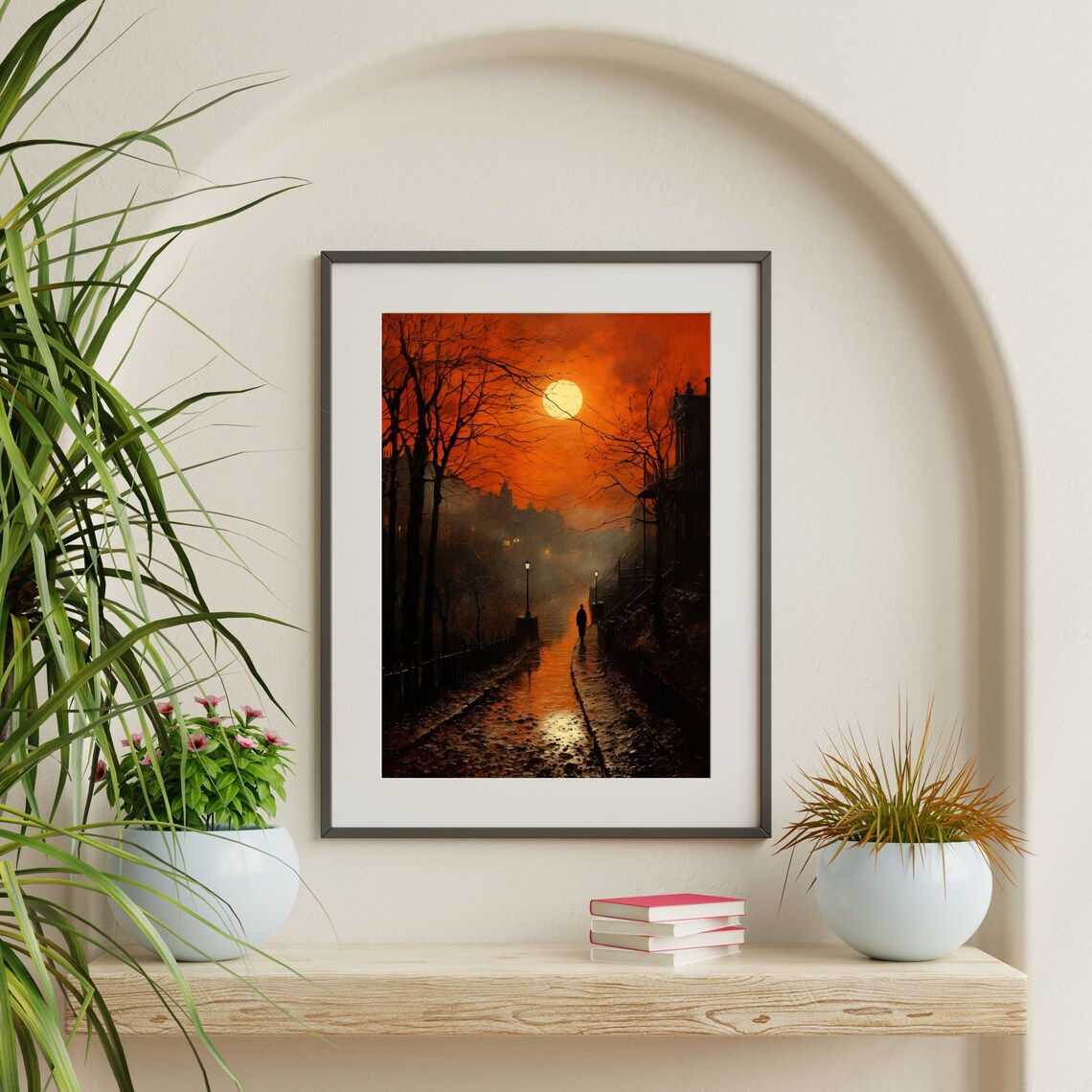 Gothic Moonlit Street Night Orange Sky Moody Victorian Alley Wall Art Print - Image 2