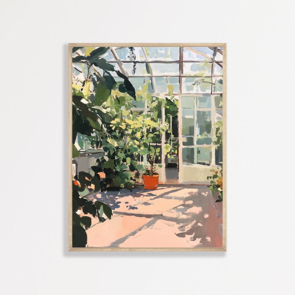 Sunlit Greenhouse Interior Lush Plants Glass Roof Vintage Art Poster