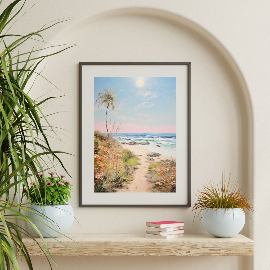 Tropical Beach Path with Palm Tree and Wildflowers at Sunset Poster - Image 2