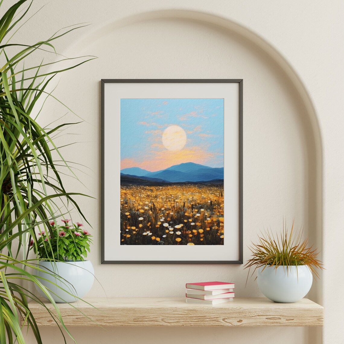 Moonlit Countryside Retro Landscape Art Print - Image 2