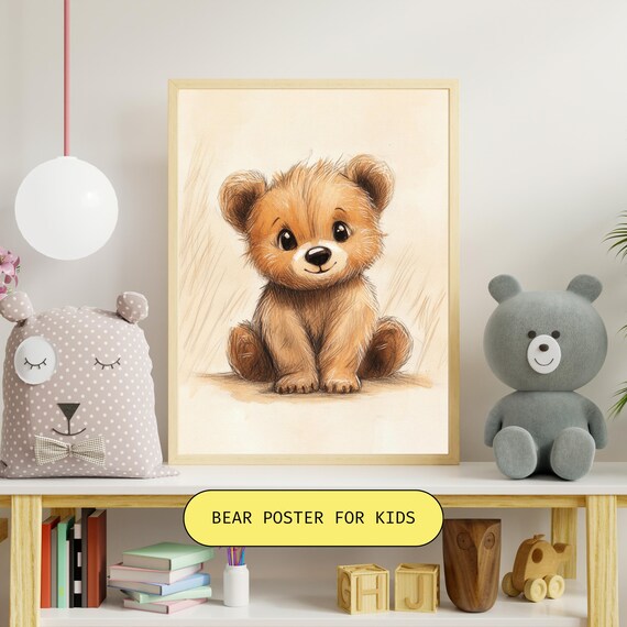 Adorable Fluffy Baby Bear Cub Sitting in Grass Nursery Poster