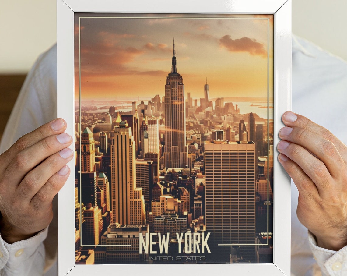 New York Manhattan Skyline Golden Sunset Empire State Travel Poster