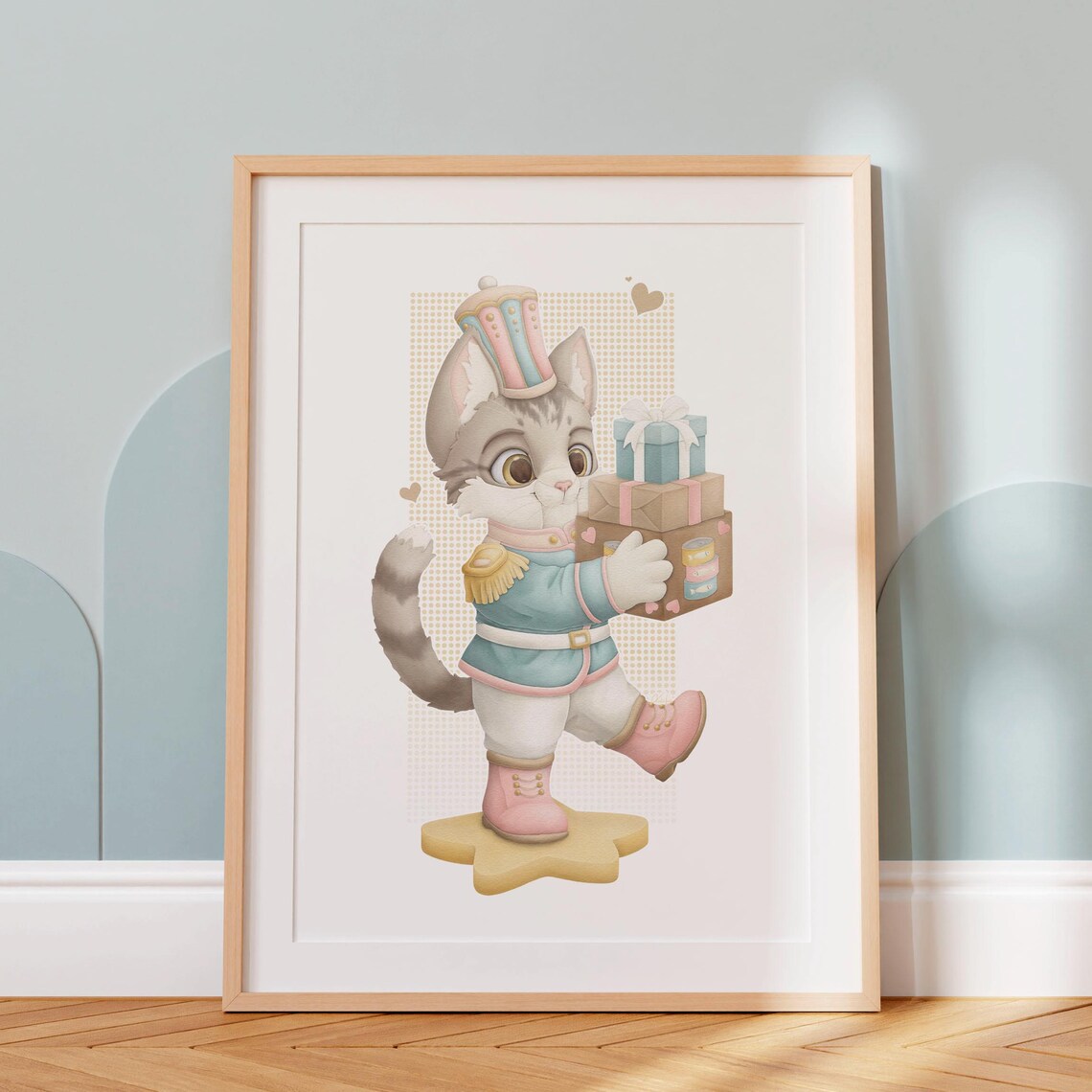 Sweet Gray Cat Nutcracker Carrying Christmas Gifts Pastel Kitty Art Print