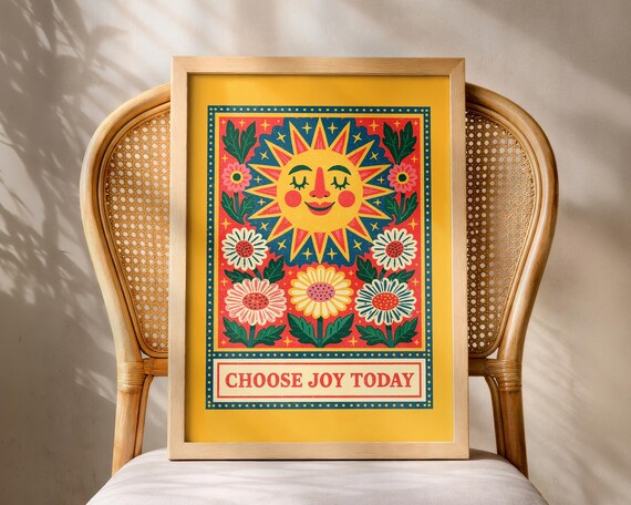 Choose Joy Today Poster Smiling Sun Folk Art Flowers Positive Quote Gift