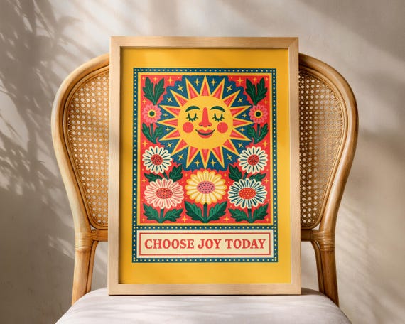 Colourful Sun Flower Wall Art Print Choose Joy Today Poster Happy Floral Decor Retro Folk For Living Room