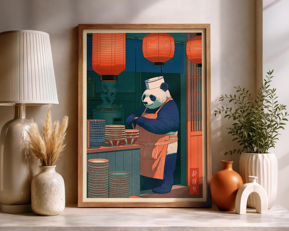 Japanese Panda Chef Poster Print, Shinhanga Style