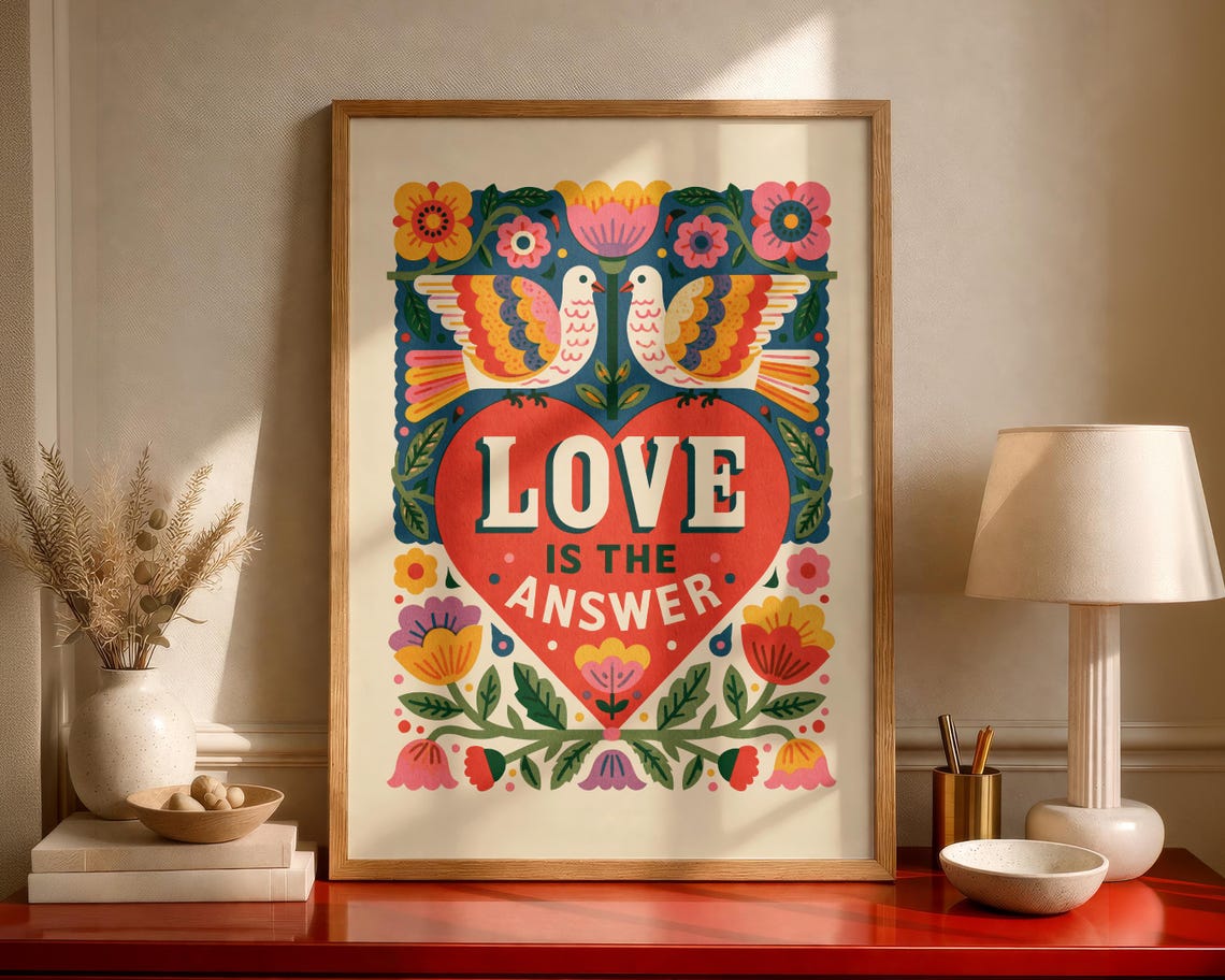 Love Is The Answer Retro Folk Heart With Doves And Flowers Poster