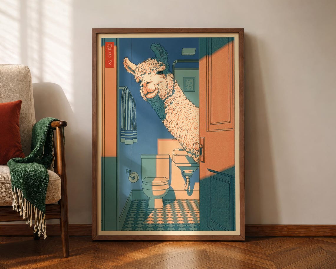 Japanese Llama Peeking Into Bathroom Ukiyoe Style Funny Art Poster