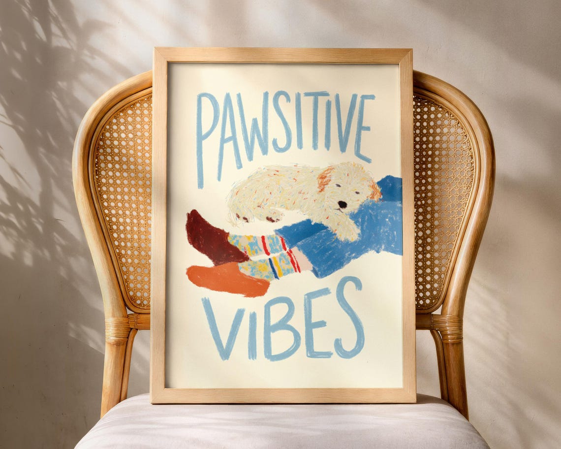 Pawsitive Vibes Cute Puppy Dog Quote Pastel Nursery Wall Art