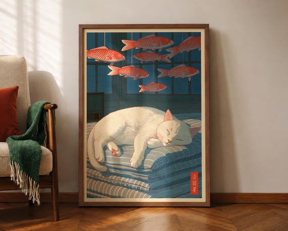 Japanese Cat Poster Dreaming Goldfish Print Japandi Bedroom Decor Hasui Kawase Inspired Hiroaki Takahashi Style Shinhanga Wall Art