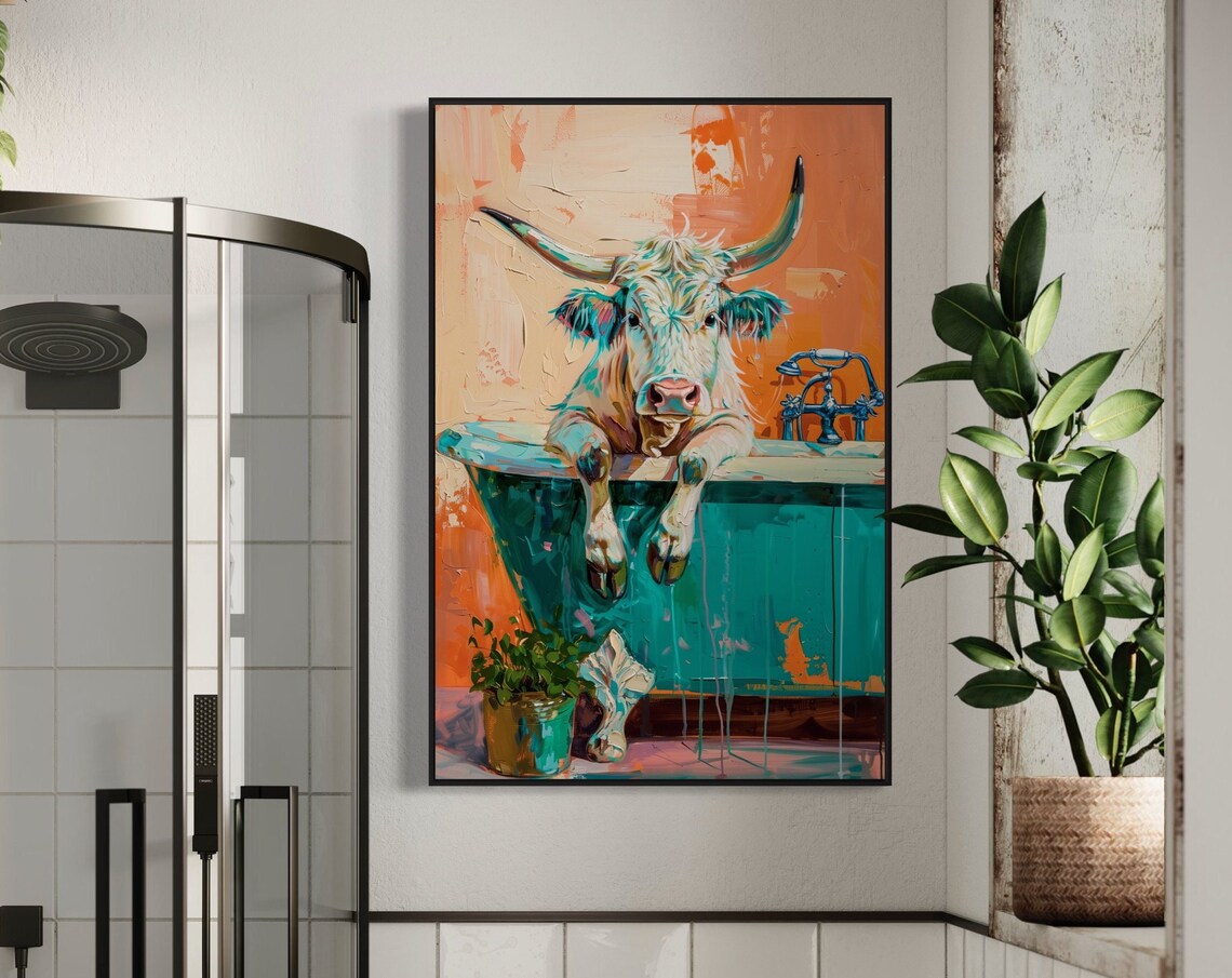 Whimsical Longhorn Cow Portrait, Bathroom Art Print