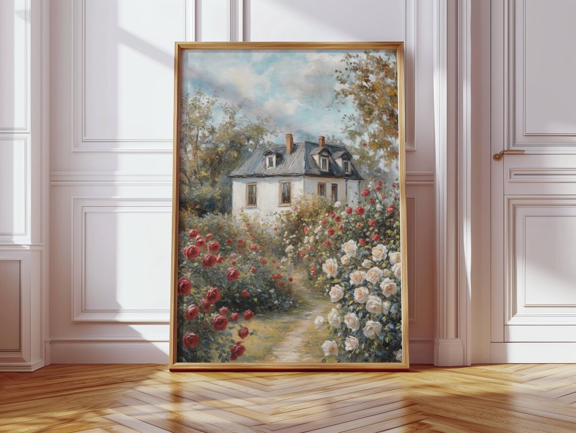 Rose Garden Cottage Path Impressionist Country Painting Poster