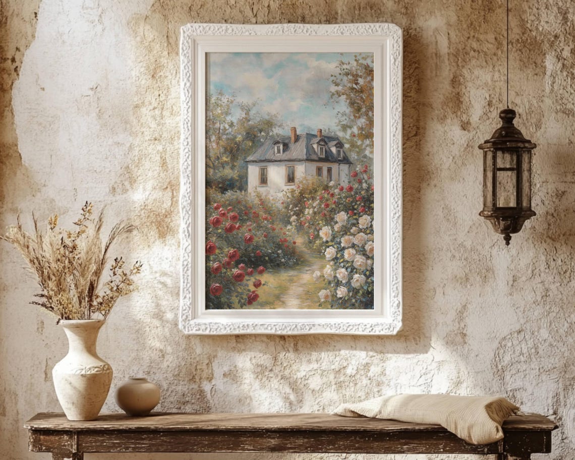 Rose Garden Cottage Path Impressionist Country Painting Poster - Image 3
