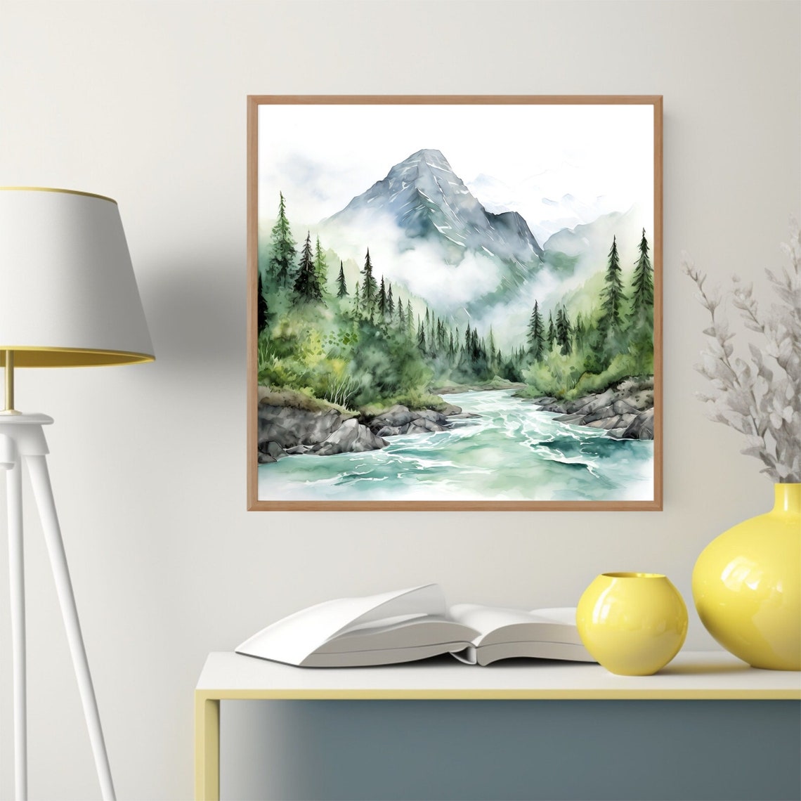Misty Mountain Peak Watercolor with Pine Forest and River Print - Image 2