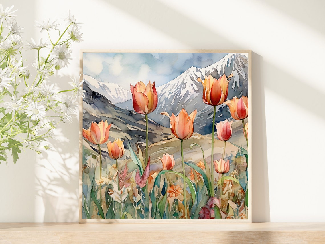Orange Tulips Blooming Field Snowy Mountain Backdrop Watercolor Poster - Image 5
