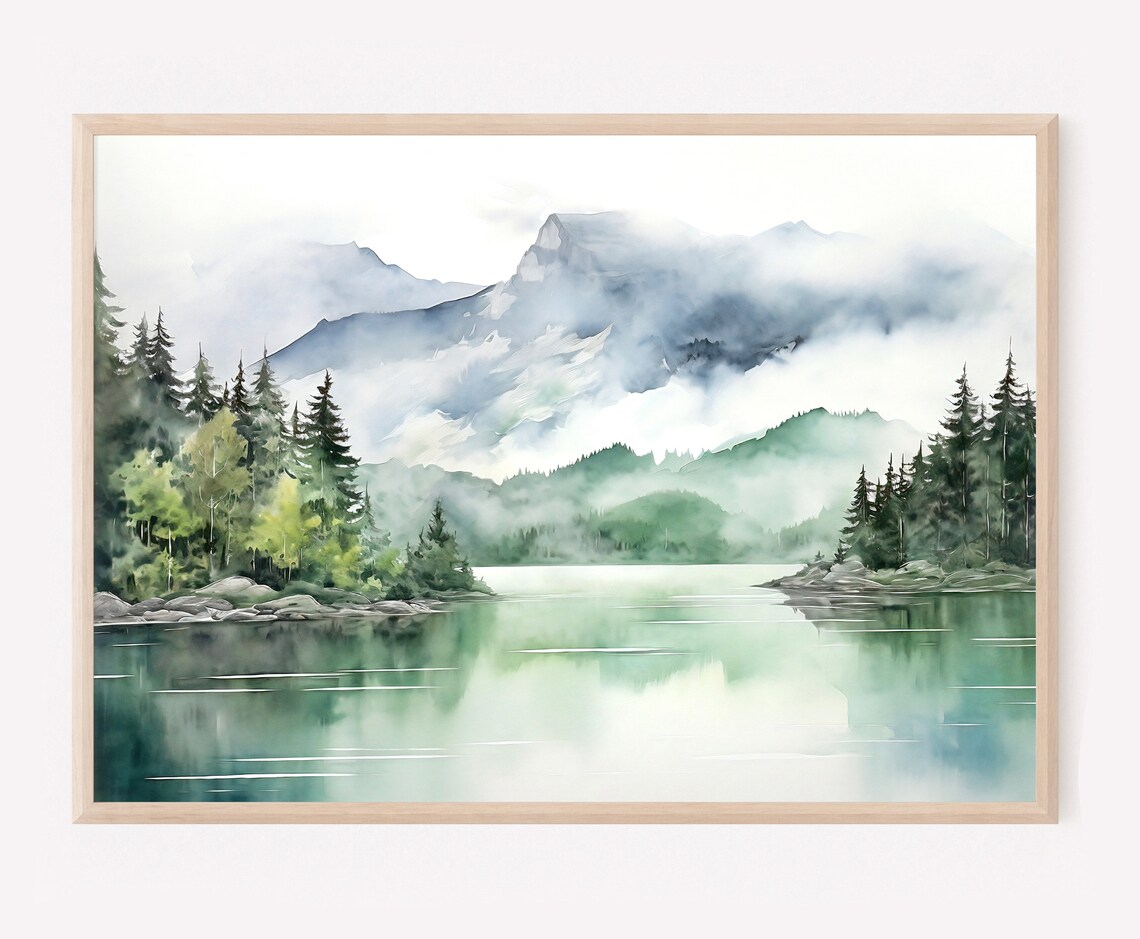 Mountain Lake Watercolor Landscape, Minimalist Art Print