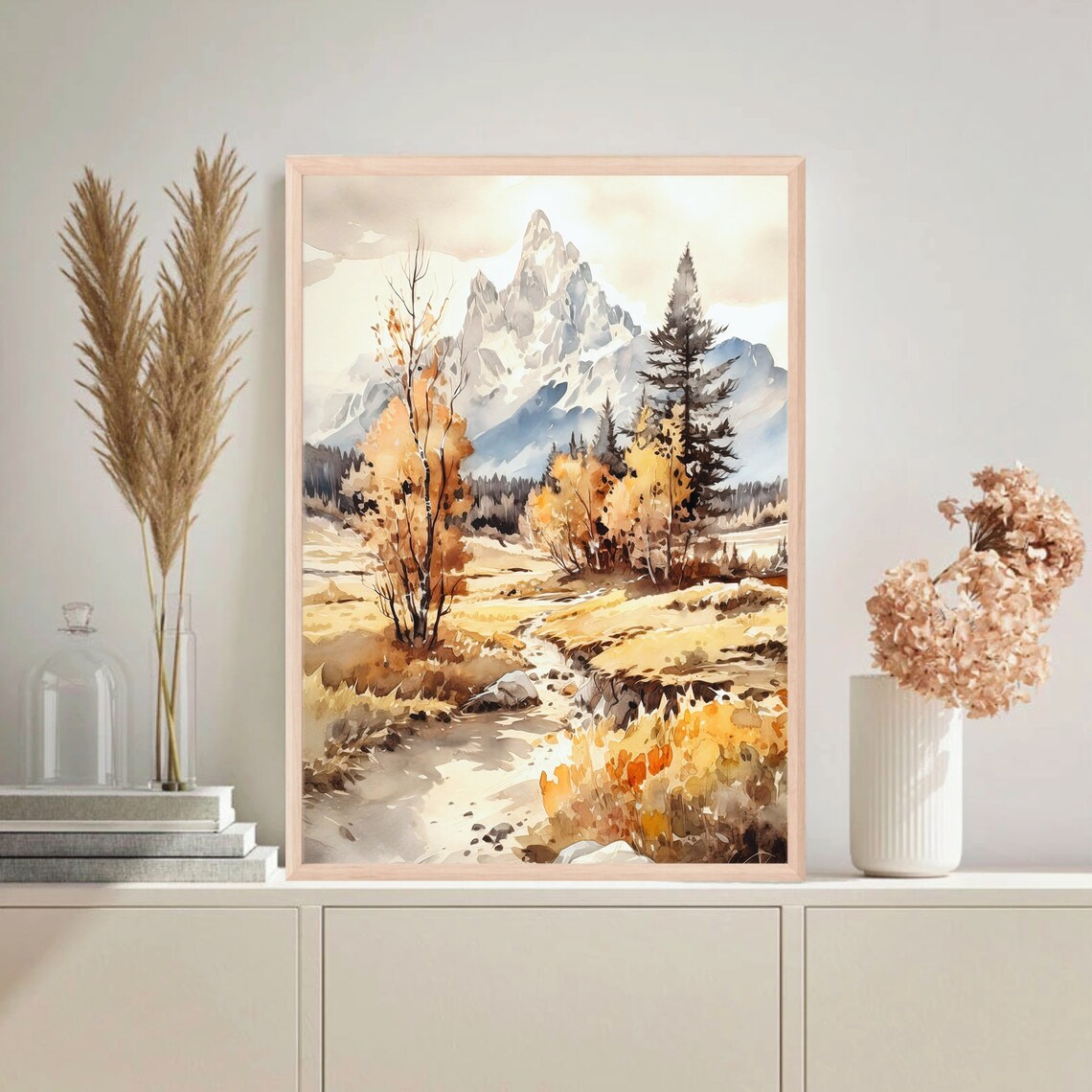 Golden Autumn Valley Stream Rugged Peak Fall Watercolor Poster - Image 2