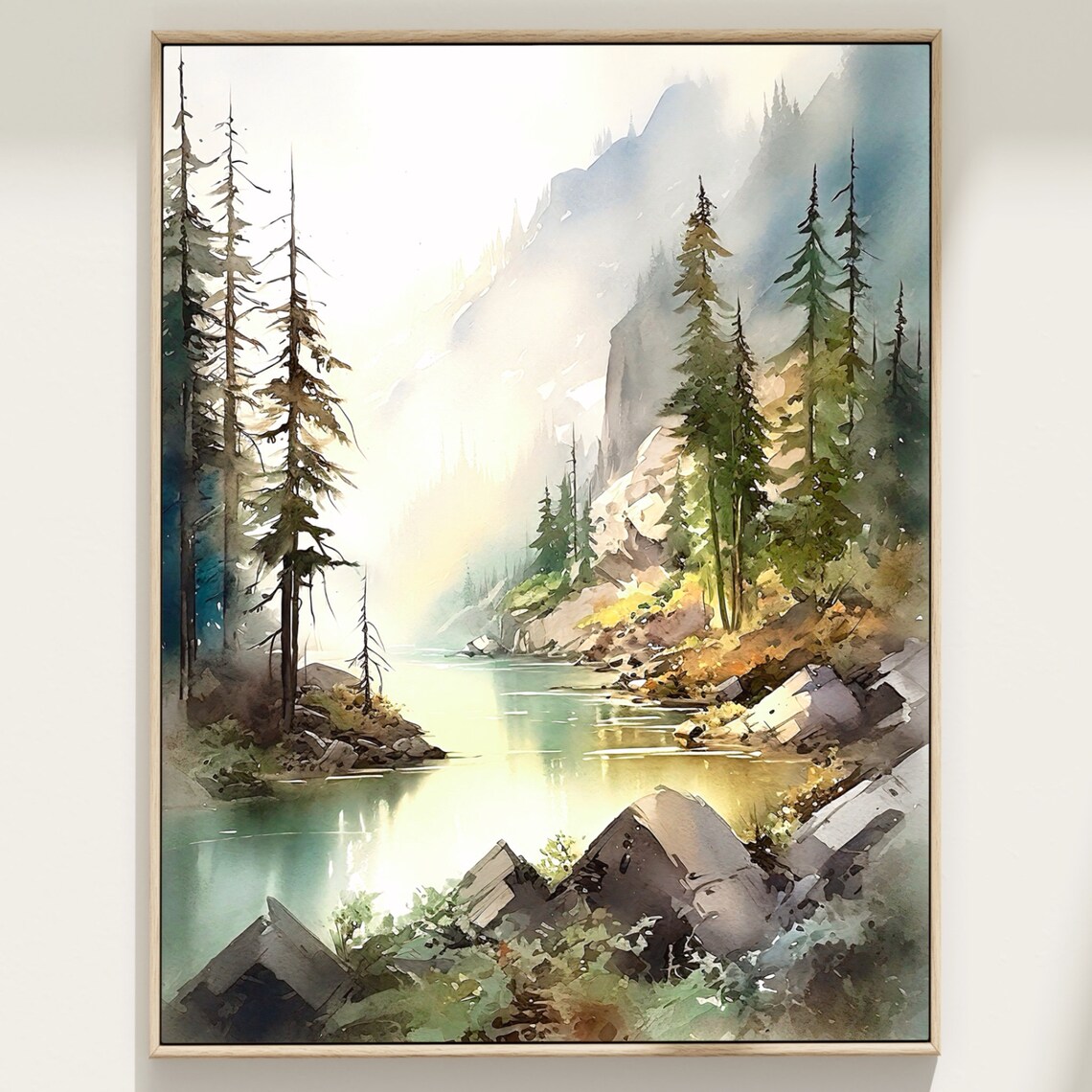 Calm Alpine Lake Pine Trees Misty Peaks Sunrise Watercolor Poster
