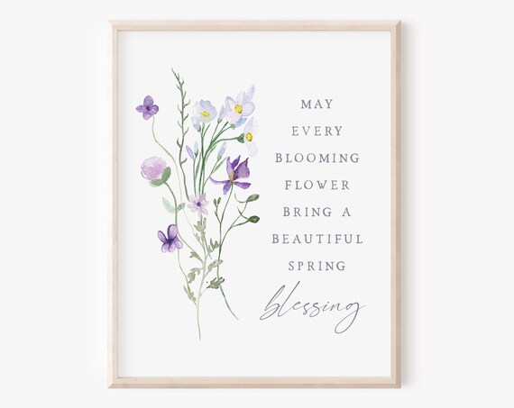 Spring Blessing Quote Purple Wildflowers Watercolor Floral Wall Print