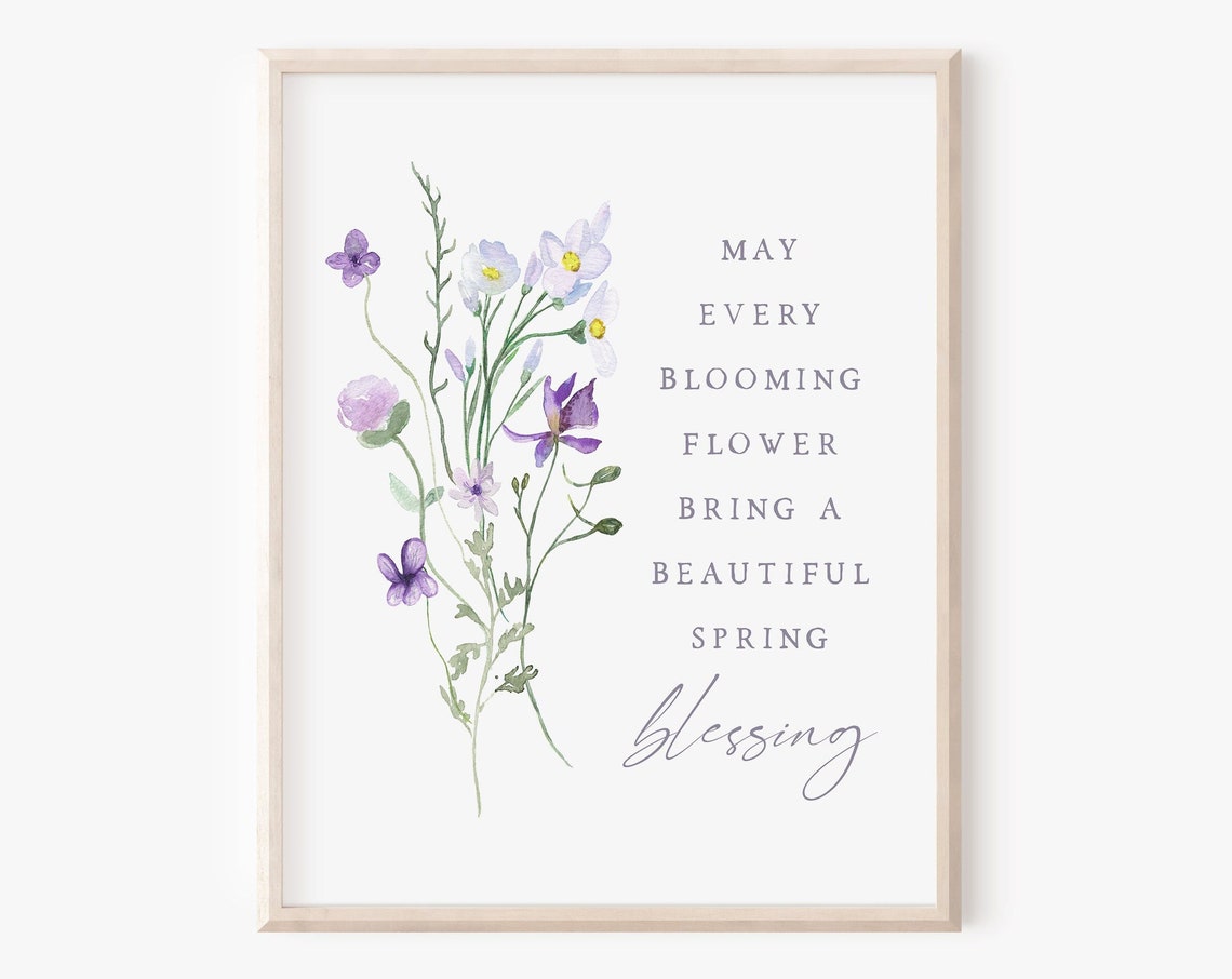 Spring Blessing Quote Purple Wildflowers Watercolor Floral Wall Print