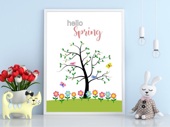 Hello Spring Tree And Flower Wall Art Four Seasons Kids Playroom Dcor Classroom Room Nursery Decor