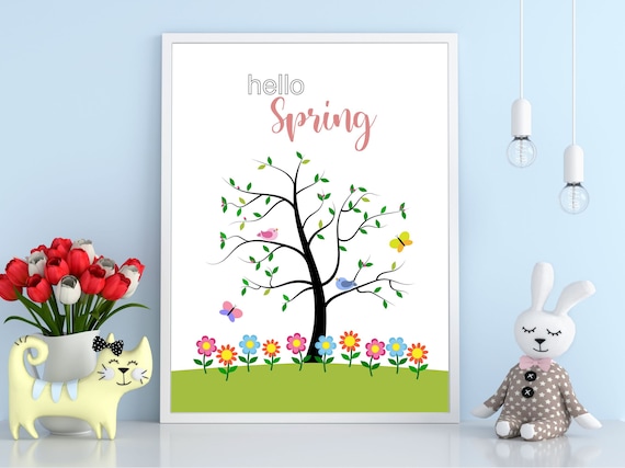Hello Spring Tree Birds Butterflies Kids Season Illustration Poster