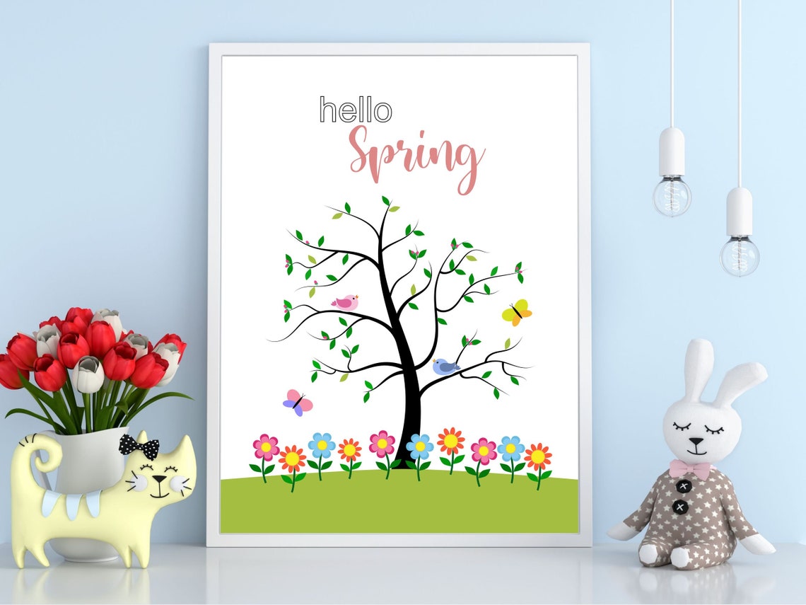 Hello Spring Tree Birds Butterflies Kids Season Illustration Poster