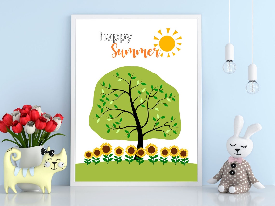 Happy Summer Tree Sunflowers Sun Kids Season Illustration Poster