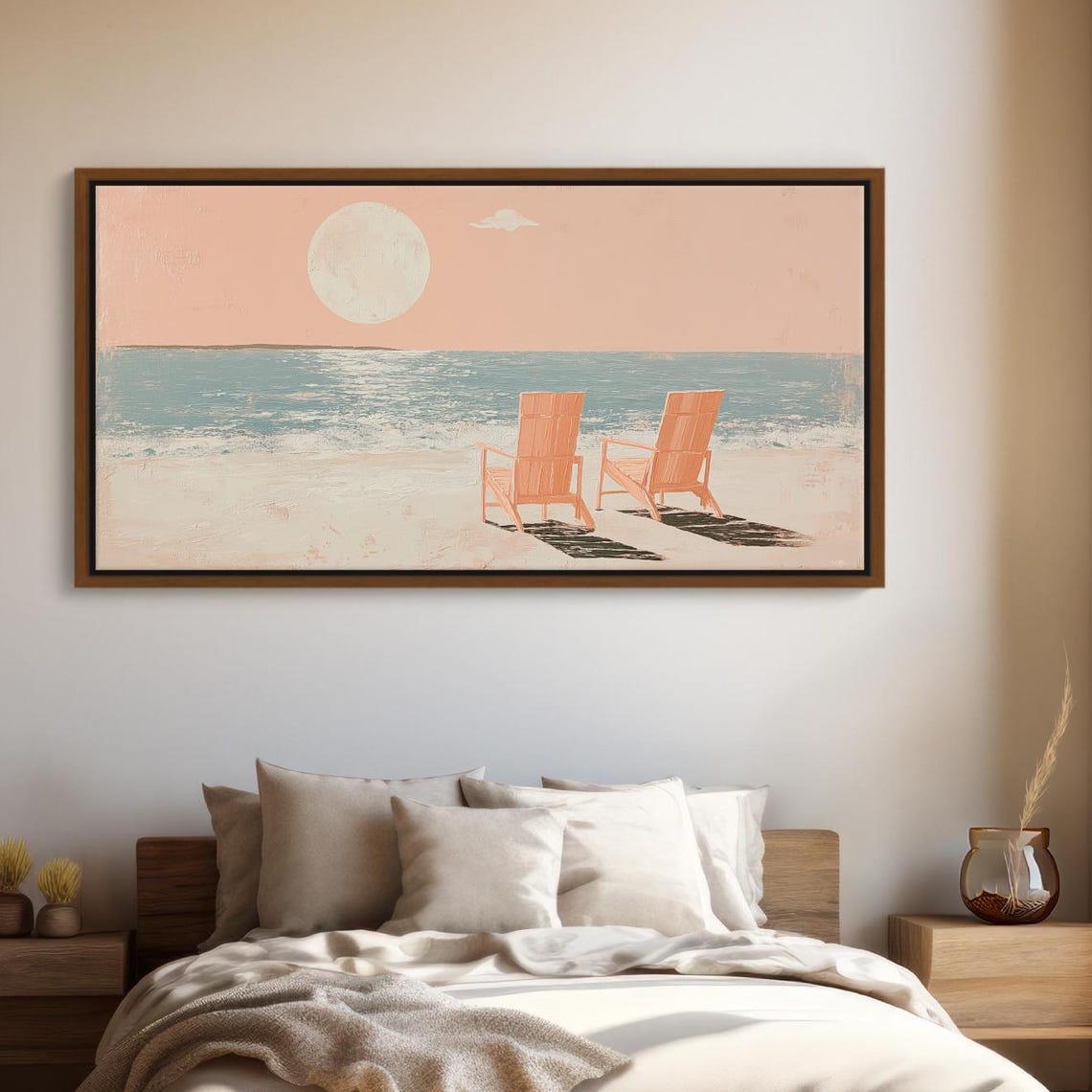 Minimalist Sunrise Beach Chairs Pastel Peach Ocean Canvas Art Print