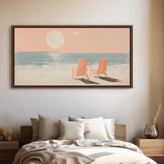 Minimalist Sunrise Beach Chairs Painting Soft Pastel Canvas With Peach Tones And Calm Ocean View Serene Wall Art For Bedroom