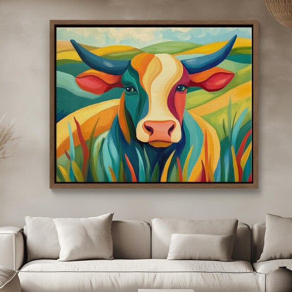 Abstract Cow Farmhouse Canvas Painting Minimalist Wall Art For Home Colorful Highland Oil Ready To Hang Animal Fine