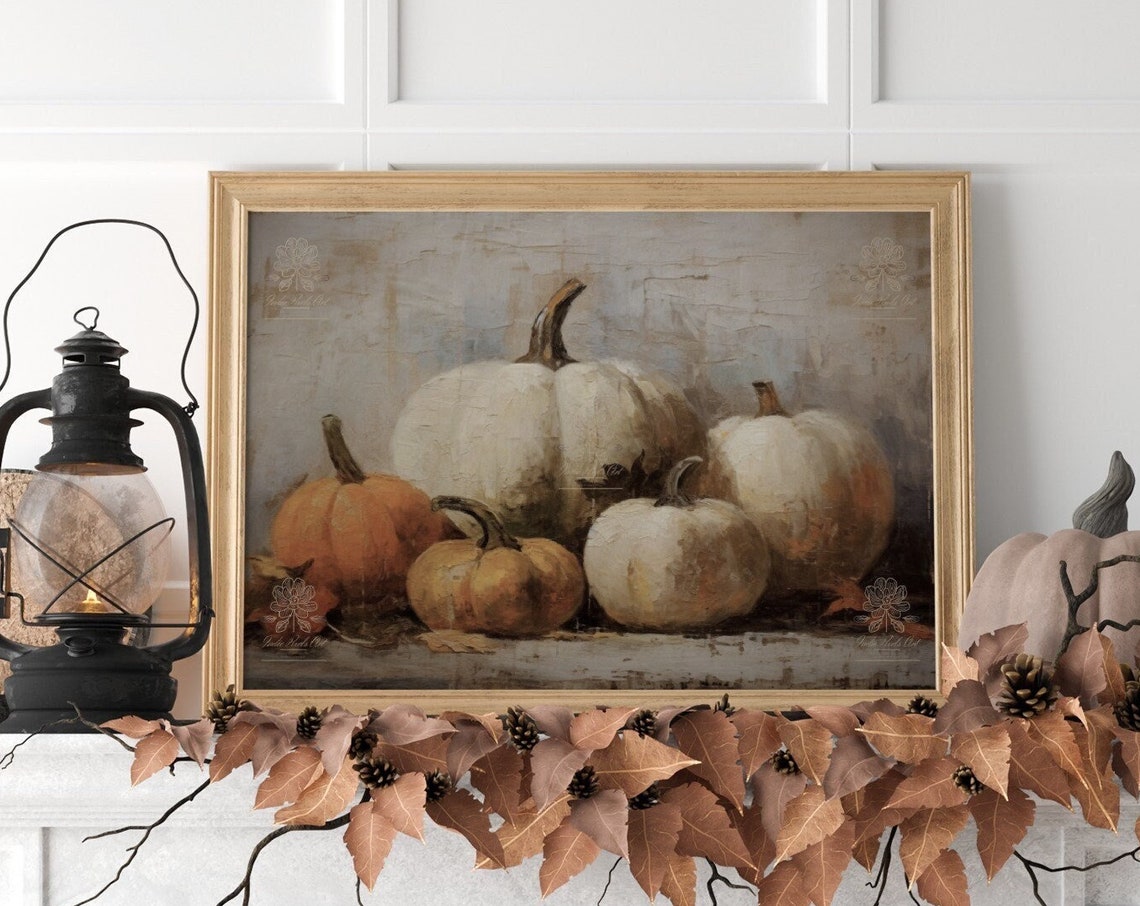 White and Orange Pumpkin Cluster Rustic Autumn Still Life Wall Art - Image 4