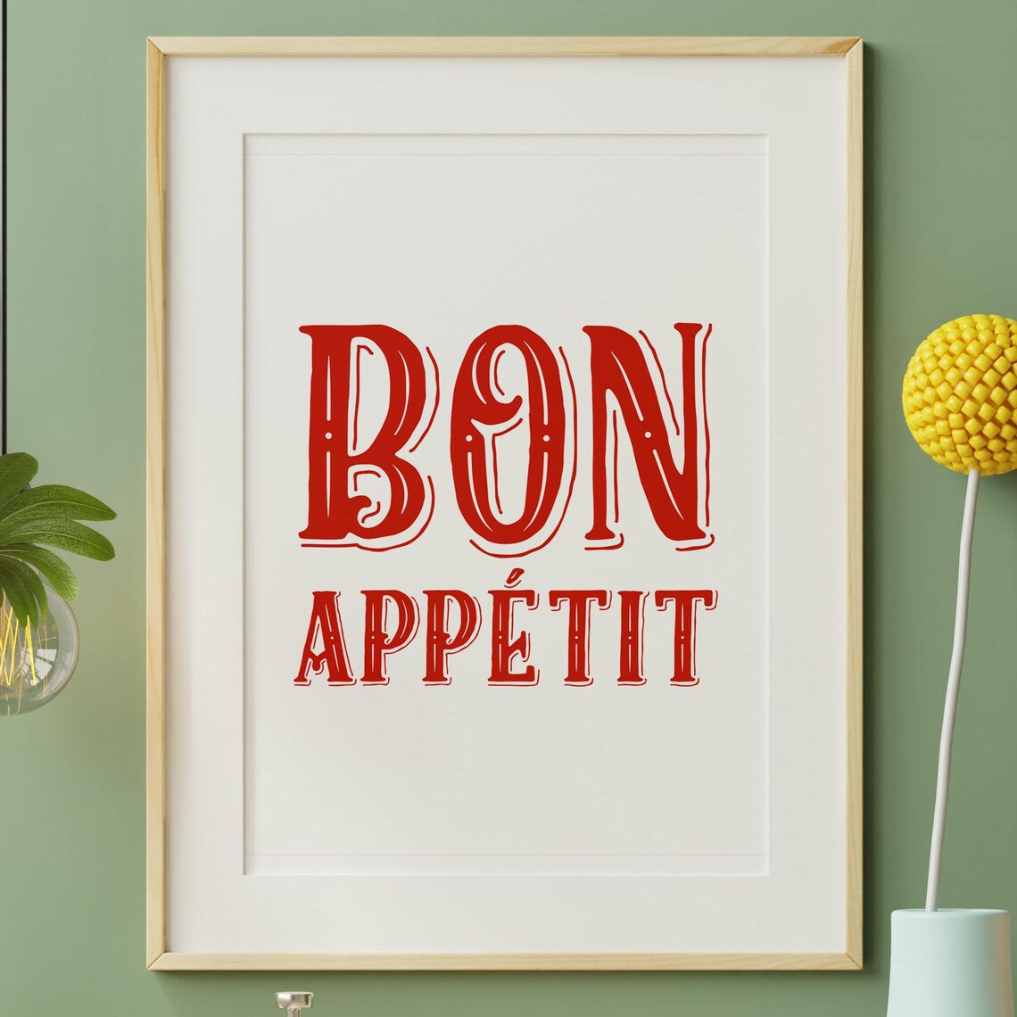 Bon Appetit Red Vintage Lettering Kitchen Dining French Bistro Poster